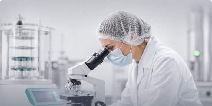 Lab technician examining a sample under a microscope