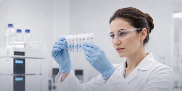Lab technician inspecting vials for purity testing