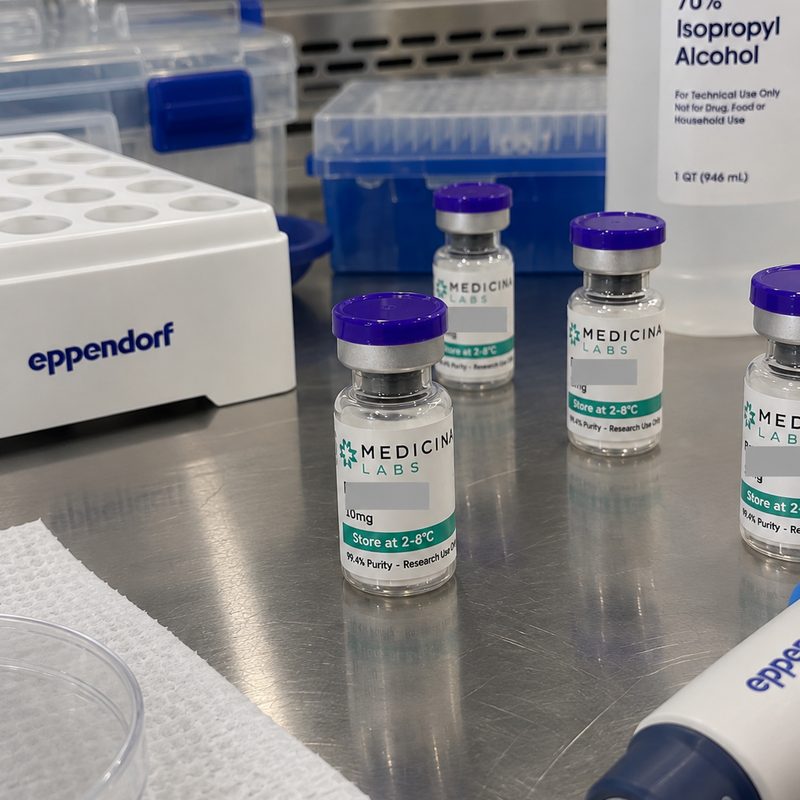 Medicina Labs vials on a stainless steel bench with a pipette and tube rack