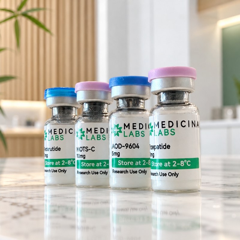 Four Medicina Labs vials standing on a marble counter in daylight