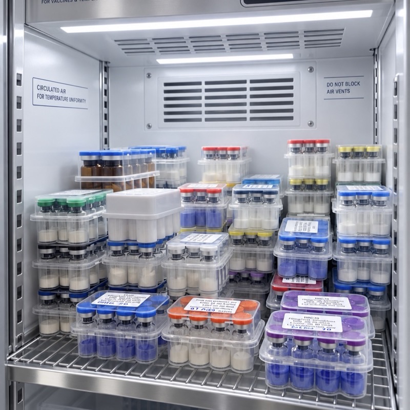 Trays of Medicina Labs vials in temperature-controlled cold storage