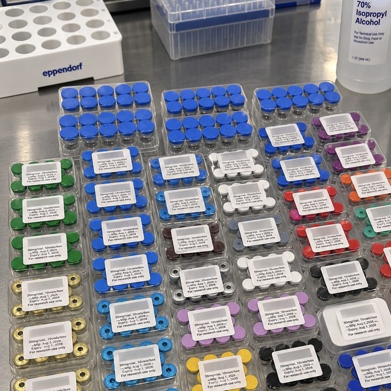Labelled Medicina Labs vial kits laid out in trays for dispatch