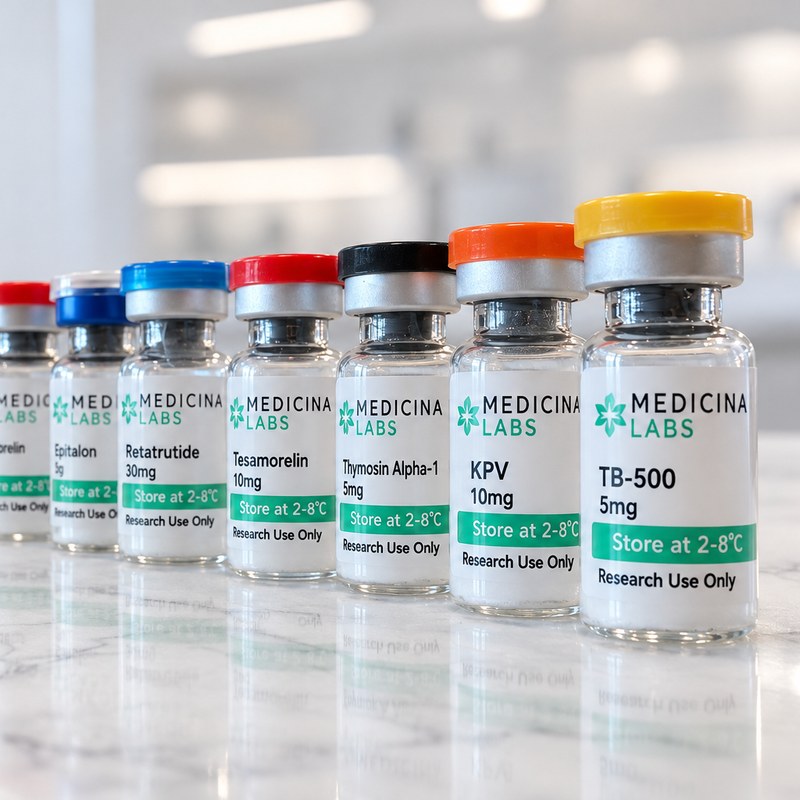 A row of labelled Medicina Labs vials receding along a marble counter