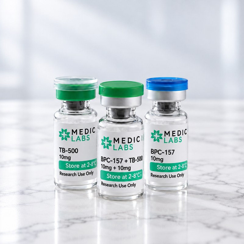 Three Medicina Labs vials on white marble in soft daylight